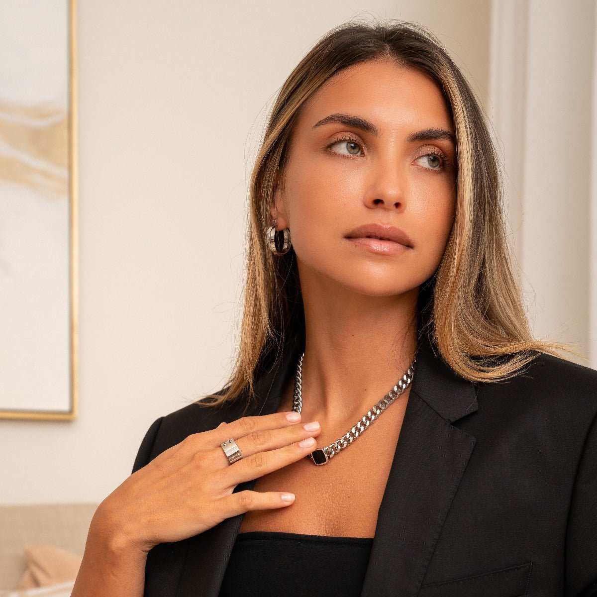 Onyxe Square Stone Necklace – Rhodium Plated Silver 