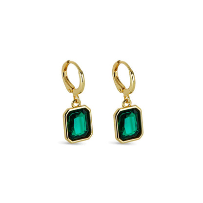 Small hoop earring with green crystal, 18k gold plated.