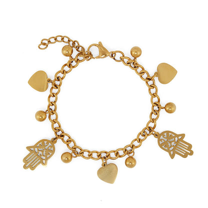 Bracelet with Links, Heart and Hamsa Pendant, 18K Gold Plated 