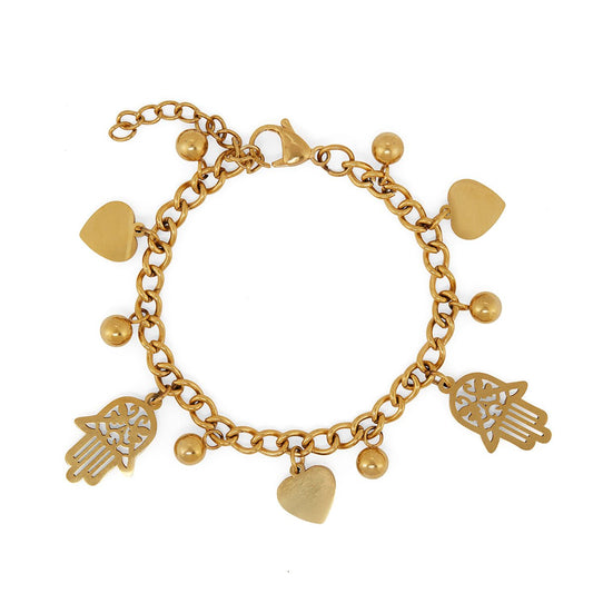 Bracelet with Links, Heart and Hamsa Pendant, 18K Gold Plated 